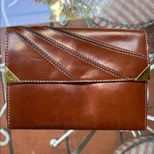 Vintage 70s Marshall Fields Made in Italy Brown Leather Clutch with Gold Accents